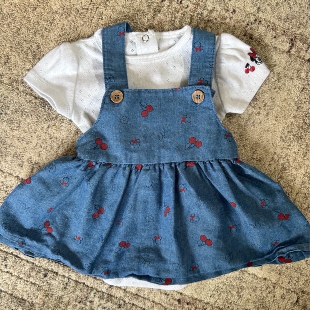 Disney Blue Cherry Print Minnie Mouse Dress with White Bodysuit - Picture 1 of 4
